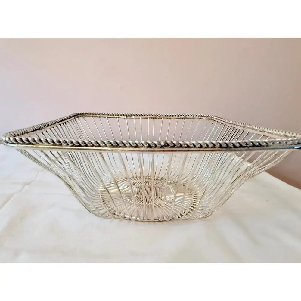 Vintage Silver Plated Wire Bread Basket Square Rope Rim Italian Style Server